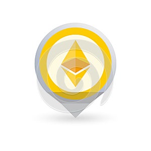 Ethereum logo. Cryptocurrency icon in the shape of map pointer or marker. Crypto coin logotype. Net banking sign.